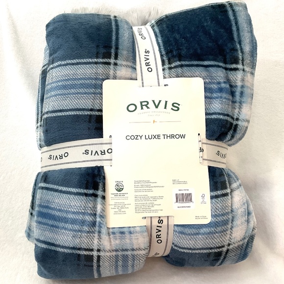 Orvis Other - Blue Orvis Cozy Luxe Throw Reversible Faux Fur 60" X 70 Bedding,Blanket NWT